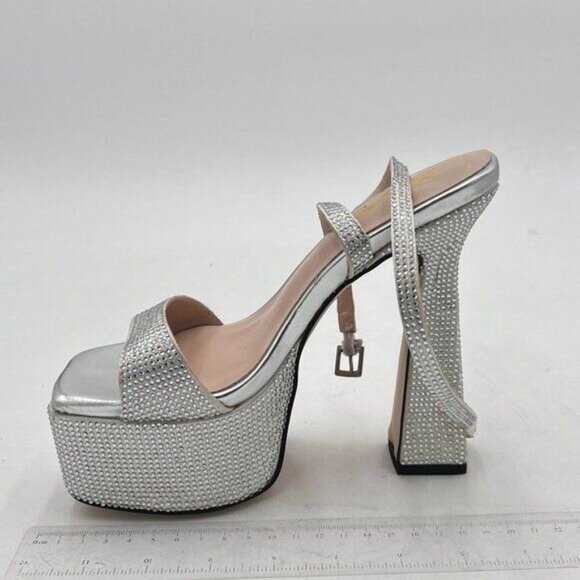 XYD Silver Platform Crystal Block Heels Sandals Open Square Toe Ankle Strap Shoe - Picture 2 of 8